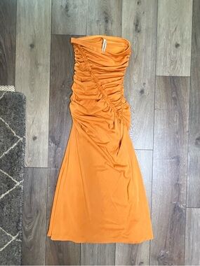 Anthropologie Orange Ruched Strapless Midi Dress